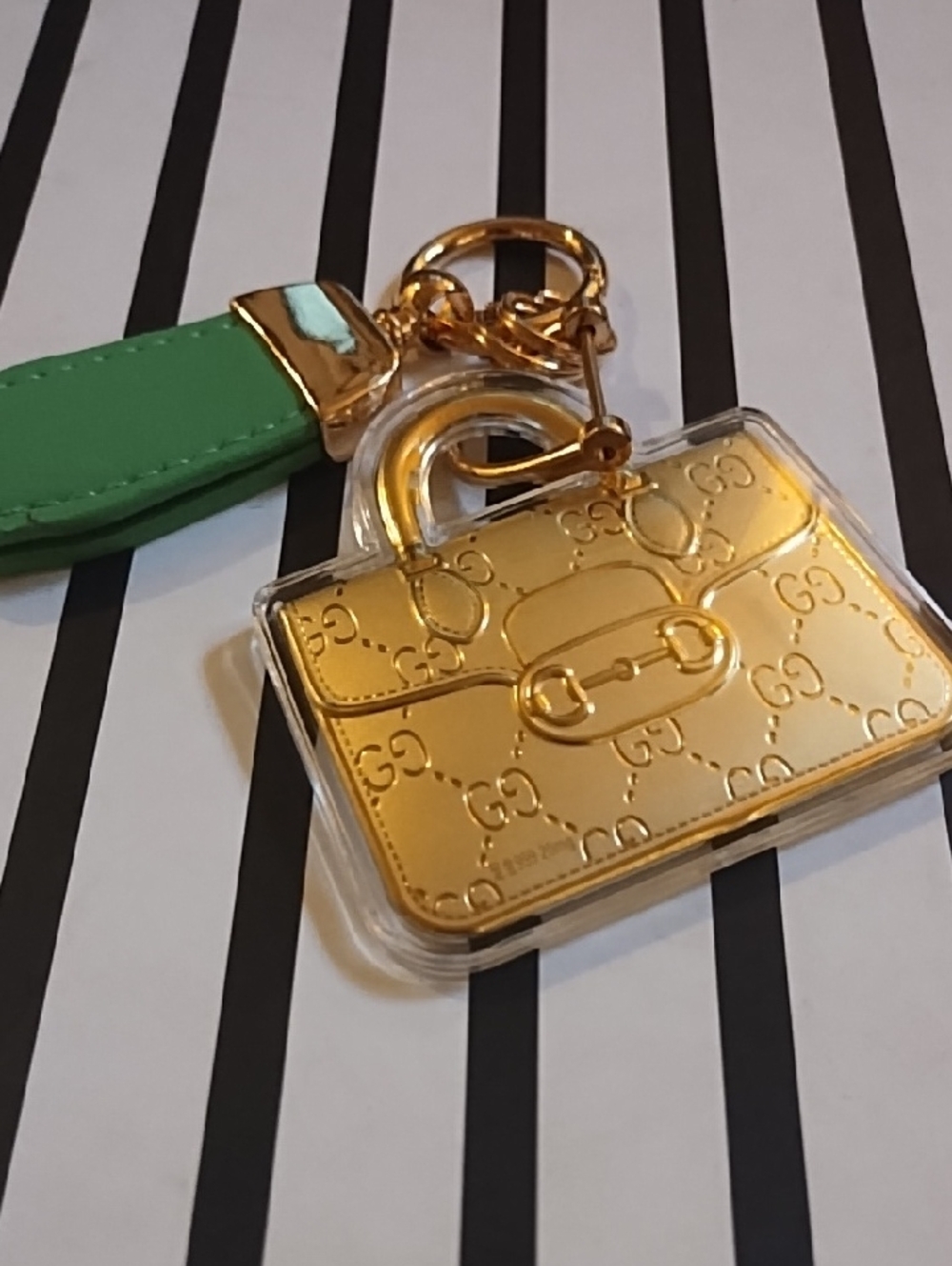 GG Gold-tone Mini Bag Keychain with Green Strap